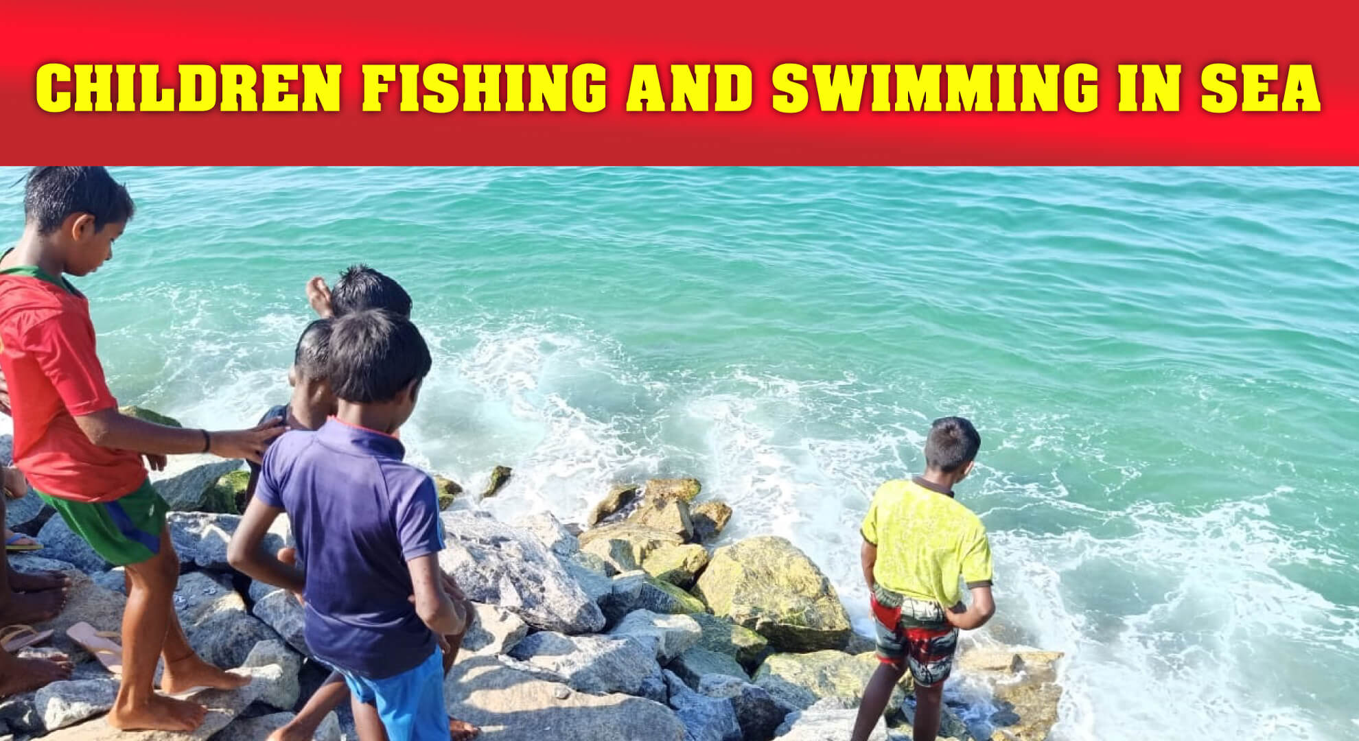 Children fishing and swimming in Sea