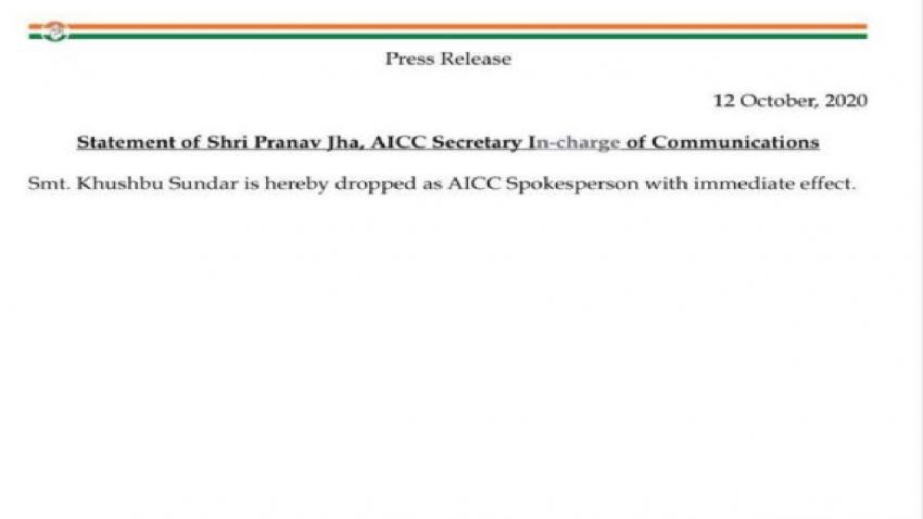 Khushboo's Congress spokesman sacked