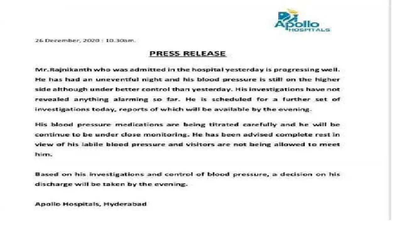 Hospital report on actor Rajinikanth's health !!!