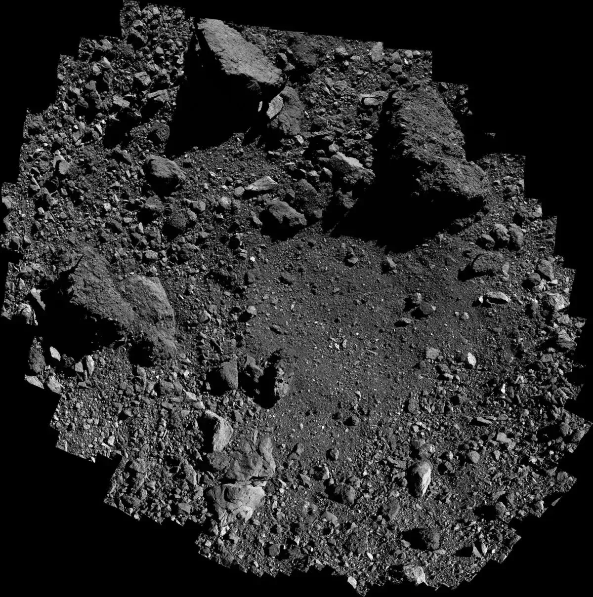 OSIRIS-REX SAMPLE COLLECTION LOCATION This mosaic of the primary sample collection site for NASA’s OSIRIS- REx mission was created with 345 images captured by the spacecraft on 3 March 2020. OSIRIS-REx was 250 meters above the surface at the time. The specific collection site is the relatively rock-free area in the middle. The boulder in the upper right is 13 meters wide on its longest axis. NASA/Goddard/University of Arizona